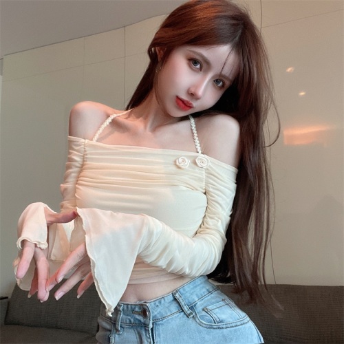 Real shot and real price ~ French one-shoulder off-shoulder pleated mesh long-sleeved T-shirt short slim fit top for women ins