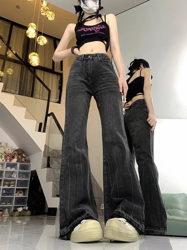 Large size retro micro-flare jeans for women in spring and autumn, fat mm, loose slimming high-waisted horseshoe straight wide-leg floor mopping pants