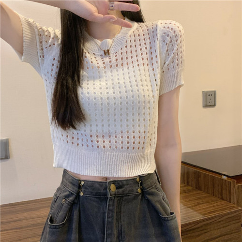 Real shot and real price Sweet and spicy lazy style thin hollow short-sleeved sweater women’s chic short top
