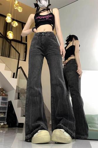 Large size retro micro-flare jeans for women in spring and autumn, fat mm, loose slimming high-waisted horseshoe straight wide-leg floor mopping pants