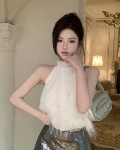 Actual shot and real price Pure desire sleeveless fringed furry diamond halterneck top shirt for women