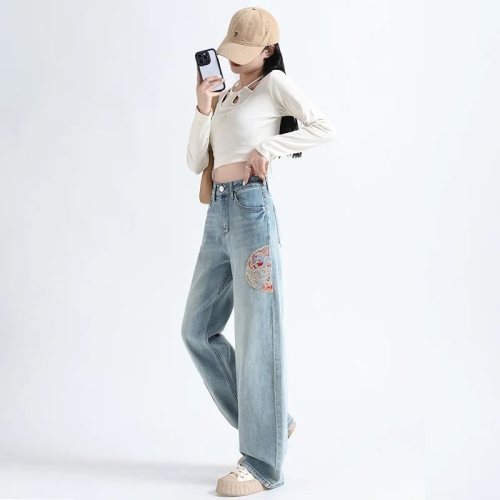 New Chinese style national style embroidered jeans for women 2024 spring new loose slimming stretch wide leg straight floor mopping pants