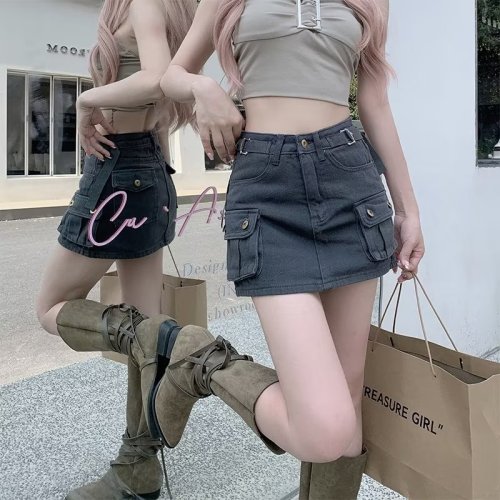 Dark gray workwear jeans for women 2024 spring and summer hot girls slimming and anti-exposure high-waisted A-line hip-hugging short culottes