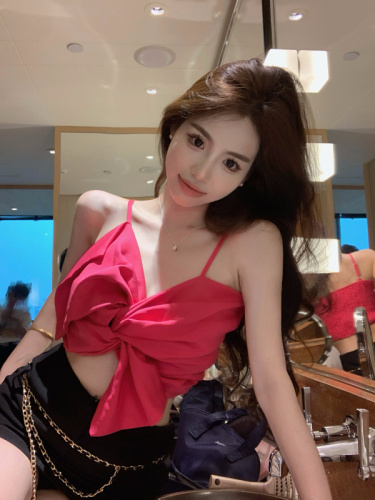 Real shot and real price French sleeveless asymmetrical camisole tube top outer wear big bow short top bottoming