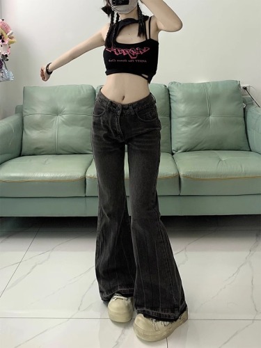 Large size retro micro-flare jeans for women in spring and autumn, fat mm, loose slimming high-waisted horseshoe straight wide-leg floor mopping pants