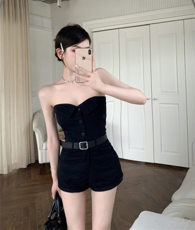 Actual shot and real price. Small high-waisted slim casual wide-leg jumpsuit for women with belt.