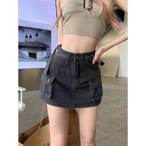 Dark gray workwear jeans for women 2024 spring and summer hot girls slimming and anti-exposure high-waisted A-line hip-hugging short culottes