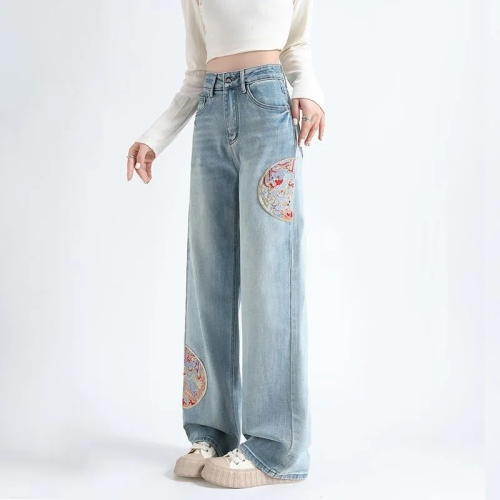 New Chinese style national style embroidered jeans for women 2024 spring new loose slimming stretch wide leg straight floor mopping pants