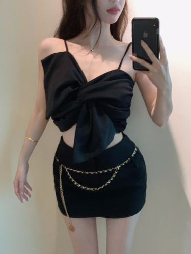Real shot and real price French sleeveless asymmetrical camisole tube top outer wear big bow short top bottoming