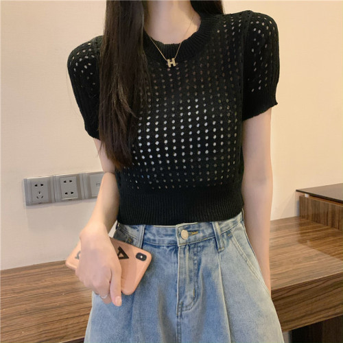 Real shot and real price Sweet and spicy lazy style thin hollow short-sleeved sweater women’s chic short top