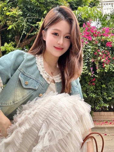 Actual shot and real price Korean style fashion heavy denim short jacket + lace mesh cake skirt super chic two-piece set
