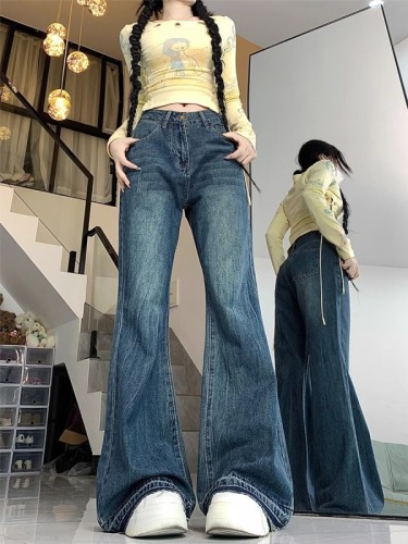 Large size retro micro-flare jeans for women in spring and autumn, fat mm, loose slimming high-waisted horseshoe straight wide-leg floor mopping pants