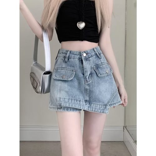 Denim skirt women's summer Korean version 2024 new high-waist slim design hip-hugging shorts skirt trendy