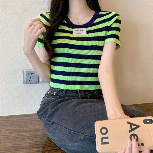 Real shot, real price, round neck, versatile striped short-sleeved sweater, T-shirt top for women