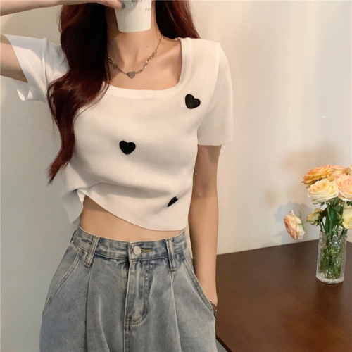 Real shot and real price Love T-shirt women's slim-fitting short navel-baring tight-fitting short-sleeved knitted bottoming shirt top