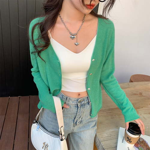 Sun protection cardigan thin women's ice silk knitted jacket summer outer blouse 2023 new top white air-conditioning shirt