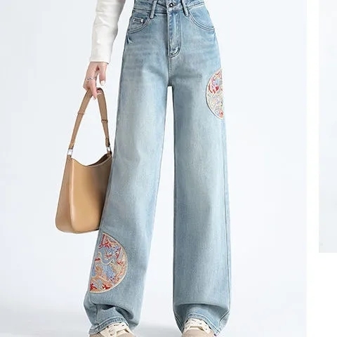 New Chinese style national style embroidered jeans for women 2024 spring new loose slimming stretch wide leg straight floor mopping pants