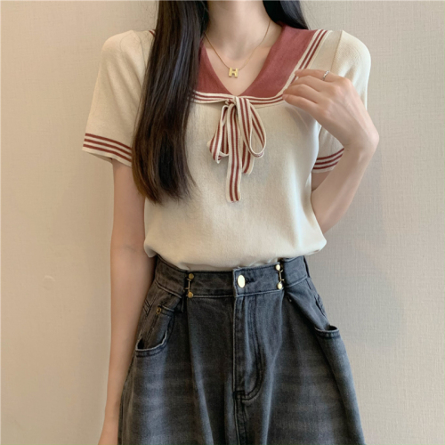Actual shot and real price. College style doll collar lace-up short-sleeved chic knitted T-shirt top for women.