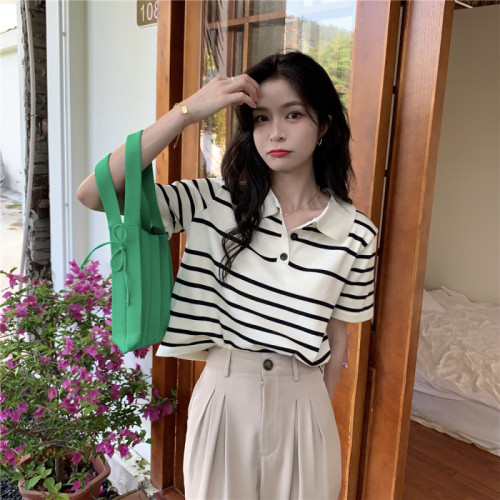 Official picture actual price tops for women 2023 new summer style shoulder polo shirt French striped short-sleeved ice silk T-shirt