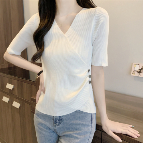 Real shot and real price summer new versatile V-neck cross sexy twist button slim knitted sweater short-sleeved T-shirt top