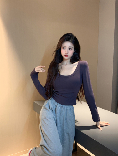 Early autumn new solid color versatile exposed collarbone U-neck stretch bottoming shirt long-sleeved T-shirt