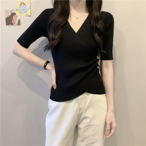 Real shot and real price summer new versatile V-neck cross sexy twist button slim knitted sweater short-sleeved T-shirt top