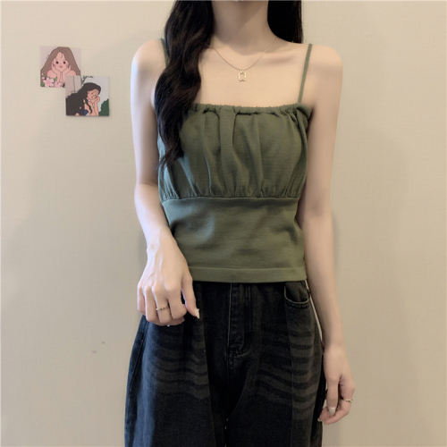 Actual price, real shot, knitted pleated camisole, women's inner design, outer wear knitted top, summer all-match bottoming shirt