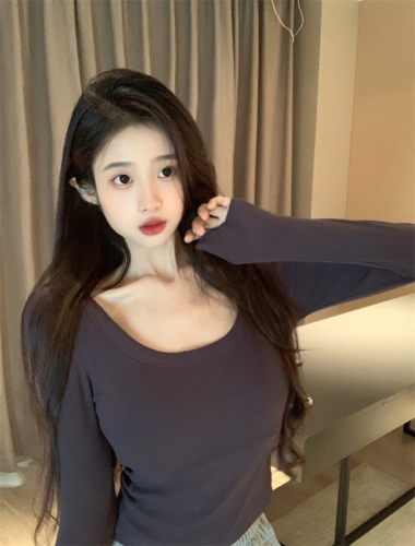 Early autumn new solid color versatile exposed collarbone U-neck stretch bottoming shirt long-sleeved T-shirt