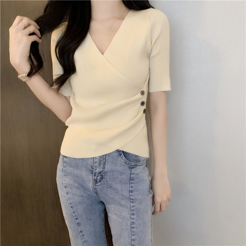 Real shot and real price summer new versatile V-neck cross sexy twist button slim knitted sweater short-sleeved T-shirt top