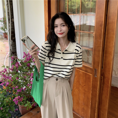 Official picture actual price tops for women 2023 new summer style shoulder polo shirt French striped short-sleeved ice silk T-shirt
