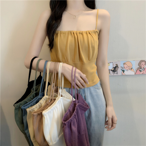 Actual price, real shot, knitted pleated camisole, women's inner design, outer wear knitted top, summer all-match bottoming shirt