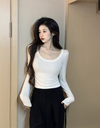 Early autumn new solid color versatile exposed collarbone U-neck stretch bottoming shirt long-sleeved T-shirt