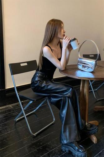Actual shot of velvet fishbone suspender vest + high-waisted straight black PU leather pants with loose wide-leg casual trousers