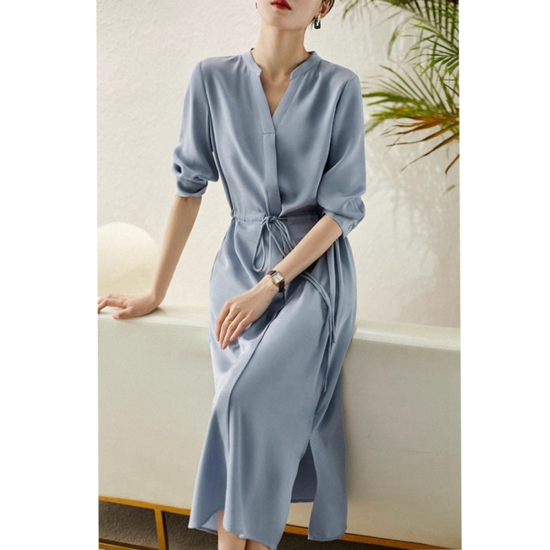 SQE581657MG Elegant two-color high-waisted slim 23MM stretch heavy crepe mulberry silk shirt dress