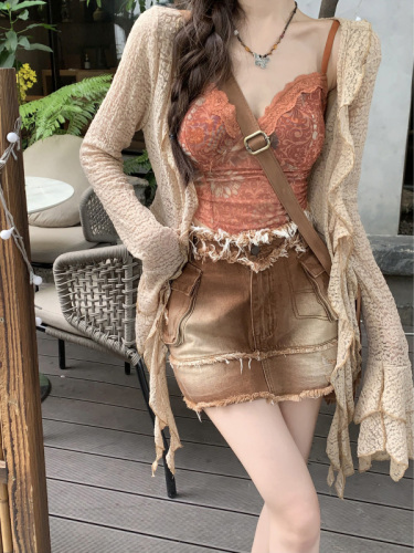 Real shot and real price niche printed mesh brown camisole inside and outside + irregular cardigan and sun protection shirt