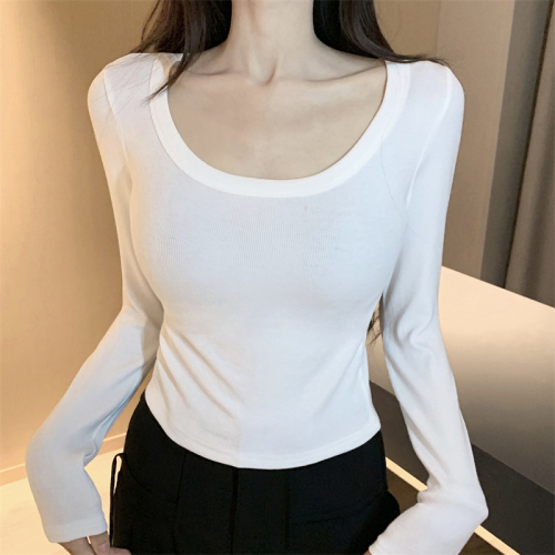 Early autumn new solid color versatile exposed collarbone U-neck stretch bottoming shirt long-sleeved T-shirt