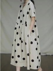 Original design with artistic temperament, large polka dots, loose cotton and linen dress, retro V-neck short-sleeved linen dress for summer