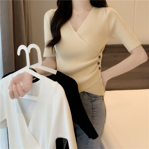 Real shot and real price summer new versatile V-neck cross sexy twist button slim knitted sweater short-sleeved T-shirt top