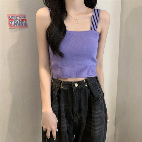 Real shot of knitted camisole summer design ins short navel-baring Hyunya style inner wear outer bottoming top