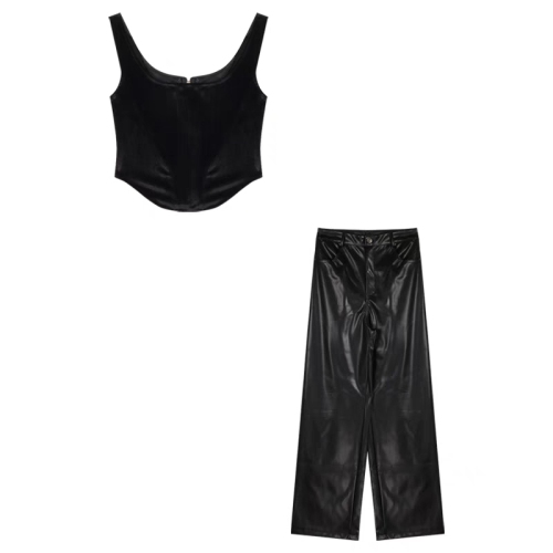 Actual shot of velvet fishbone suspender vest + high-waisted straight black PU leather pants with loose wide-leg casual trousers