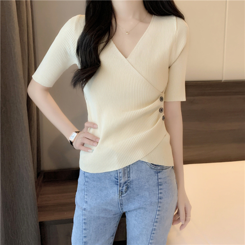 Real shot and real price summer new versatile V-neck cross sexy twist button slim knitted sweater short-sleeved T-shirt top