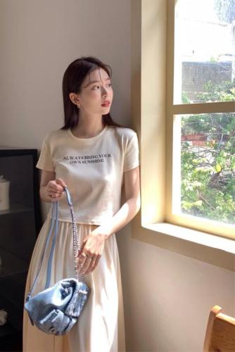 ~ ins simple letter printed T-shirt + high waist A-line skirt suit ~