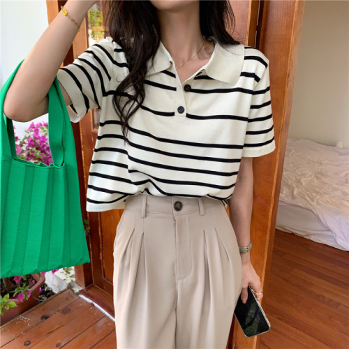 Tops with wide-leg pants for women 2023 new summer style shoulder polo shirt French striped short-sleeved ice silk T-shirt