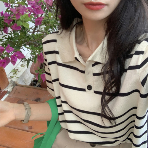 Tops with wide-leg pants for women  new summer style shoulder polo shirt French striped short-sleeved ice silk T-shirt
