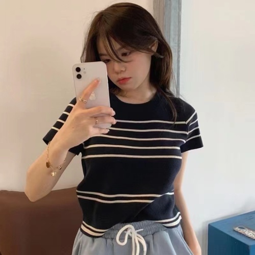 New style knitted sweaters, chic tops for women, niche striped short-sleeved thin t-shirts ins trendy cool silk