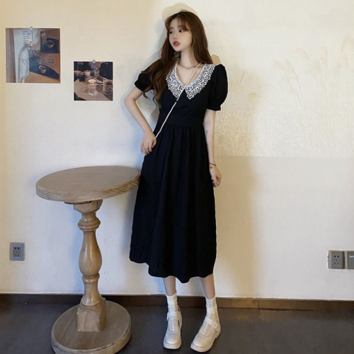 French retro Hepburn style puff sleeve dress for women summer new style waist slimming long dress