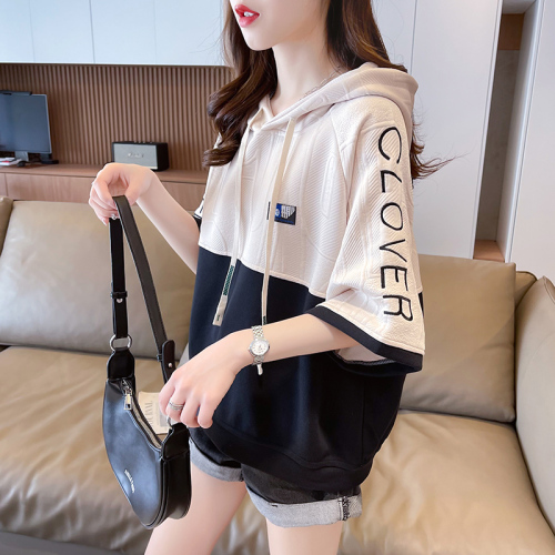 First real shot of jacquard hooded embroidered short-sleeved T-shirt for women loose large size top
