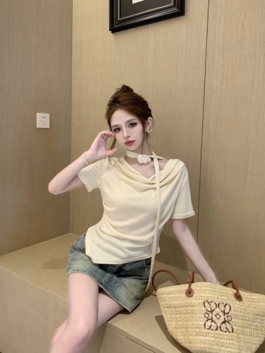 Actual shot of designer swing collar halterneck streamer T-shirt women's summer new Korean style irregular top ins