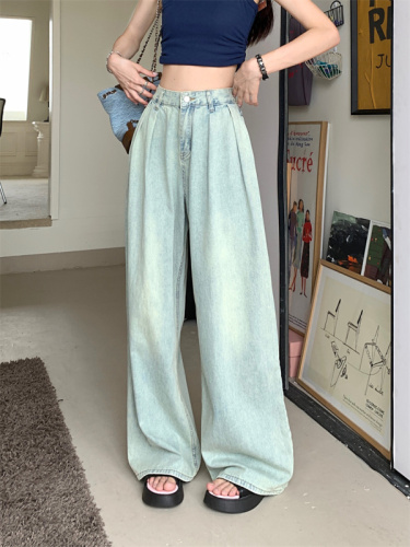 American retro light-colored pleated wide-leg jeans for women new high-waist slim floor-length trousers