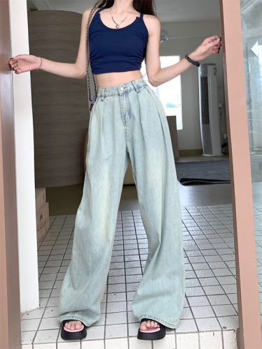 American retro light-colored pleated wide-leg jeans for women new high-waist slim floor-length trousers